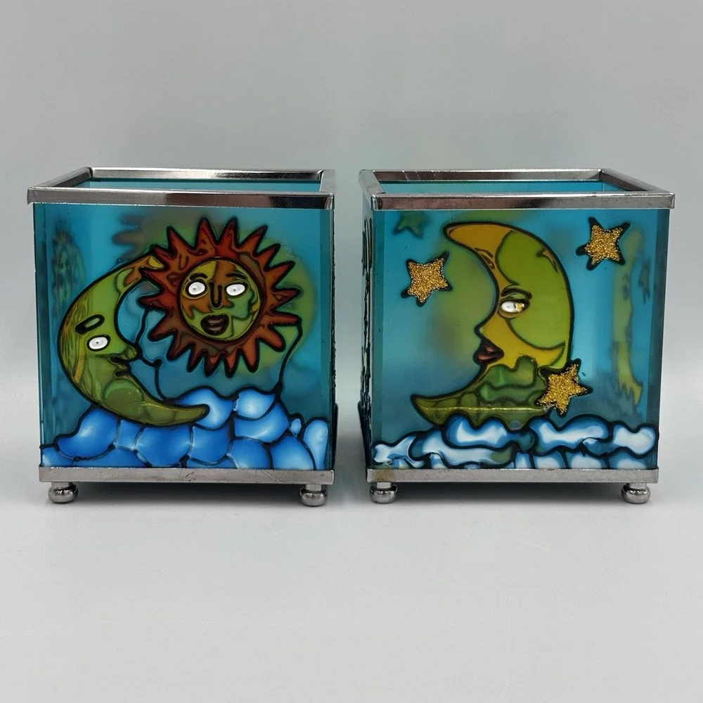 VINTAGE CELESTIAL SUN & MOON VOTIVE BURNERS CANDLE HOLDERS LOT OF 2